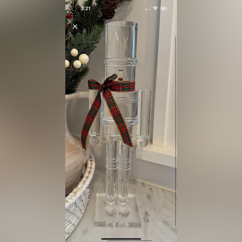 Christmas Clear Acrylic Nutcracker Plaid Tartan Bow 14.5in Holiday Time Decor